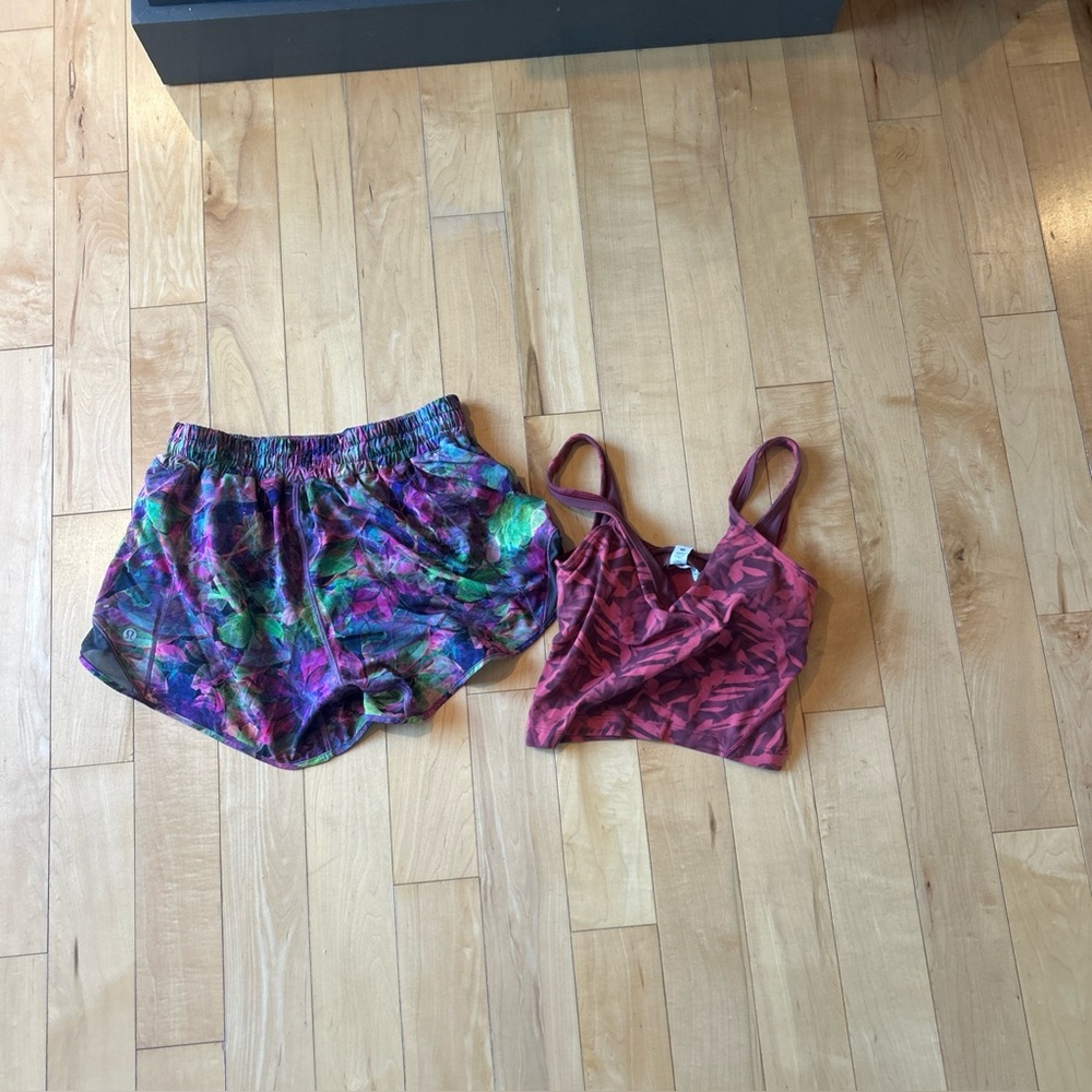 Lululemon bundle! Size 6 multicolour hotty hot shorts! Size 4 Align tank in red!